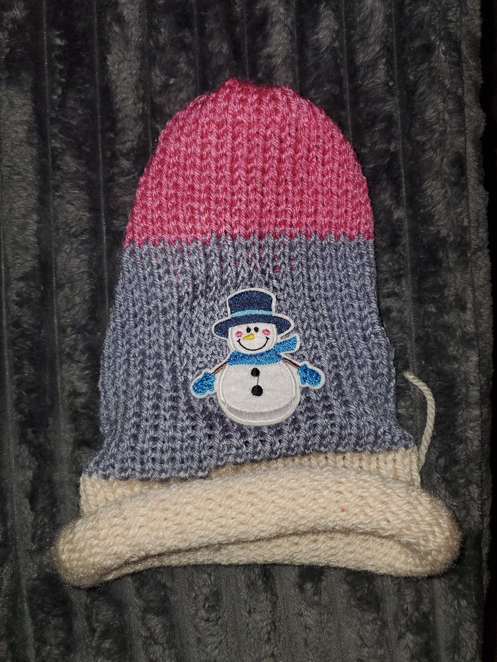 Handmade Kids Knit Snowman Beanie - Pink, Gray & Cream